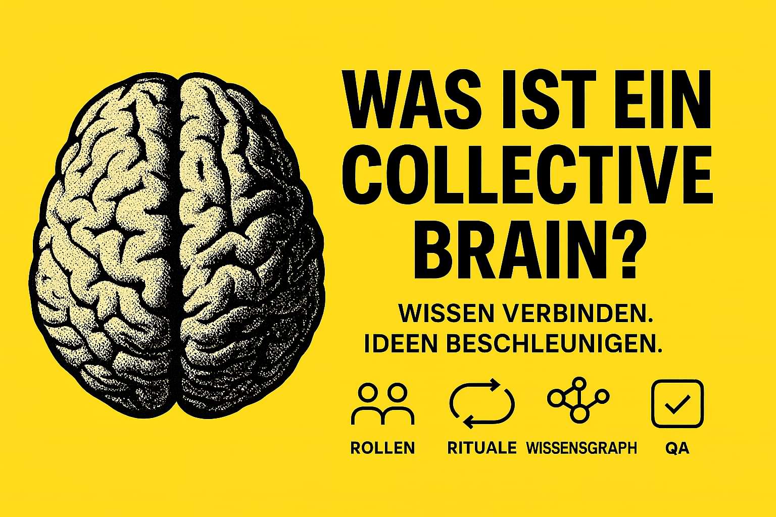 Gelbes Headerbild mit einer Gehirn-Collage links und der großen Headline „Was ist ein Collective Brain?“ rechts. Darunter Subline „Wissen verbinden. Ideen beschleunigen.“ sowie eine Reihe von Icons zu Rollen, Rituale, Wissensgraph und QA.